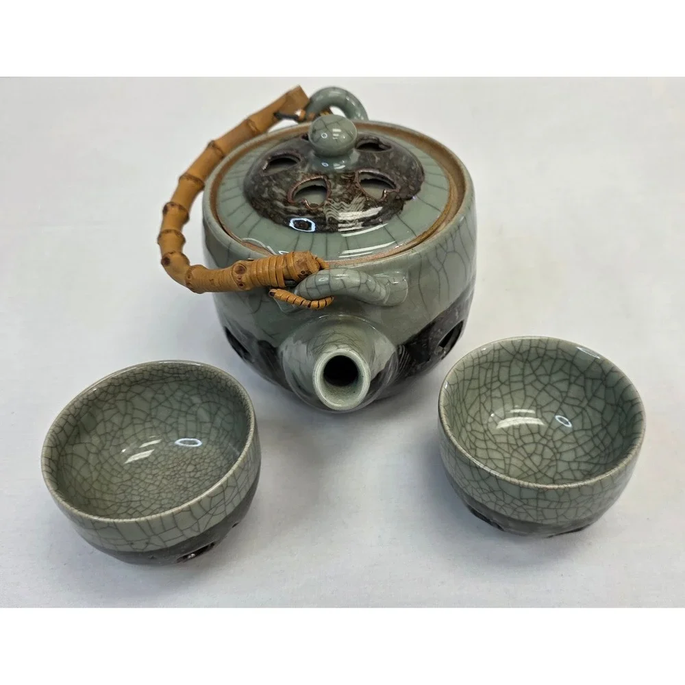 Japanese Crackle Glaze Celadon Tea Set Bamboo Handle Teapot and 2 Cups Heart Cut